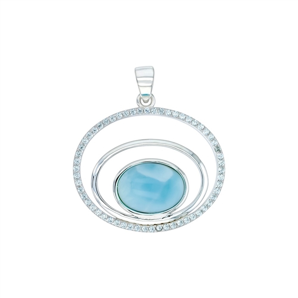 925 Sterling Silver Larimar Oval 12x9mm in Open Oval Halo CZ Pendant 3.8 gm
